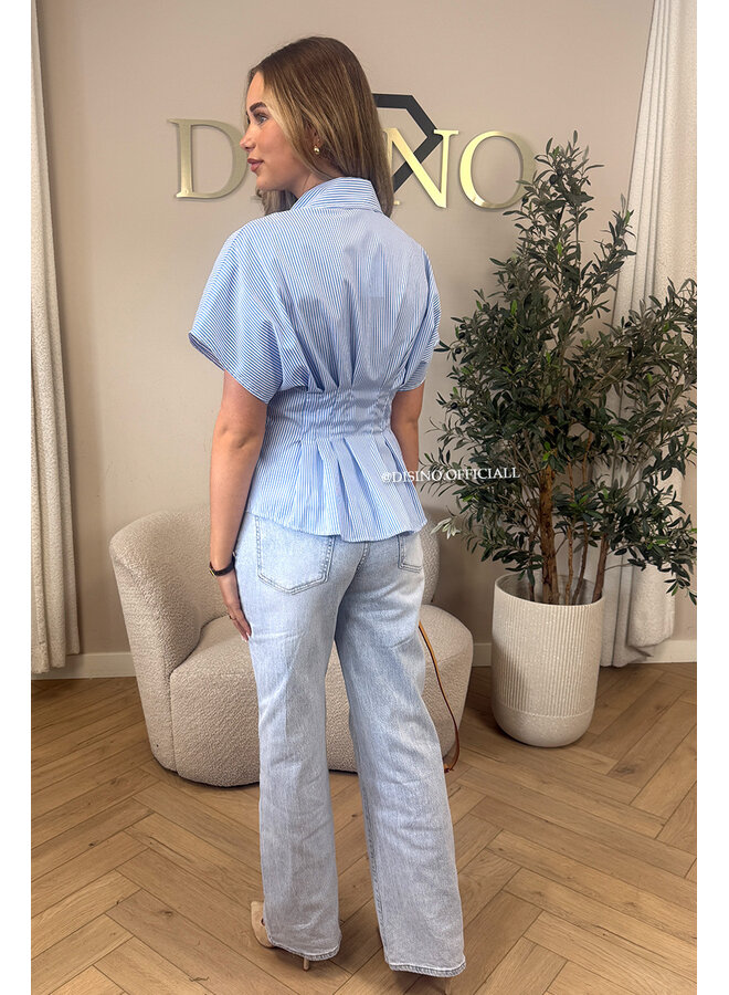 BLUE - 'CLAIRE BLOUSE' - SHORTSLEEVE STRIPED SNATCH BLOUSE