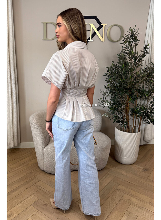 BEIGE - 'CLAIRE BLOUSE' - SHORTSLEEVE STRIPED SNATCH BLOUSE
