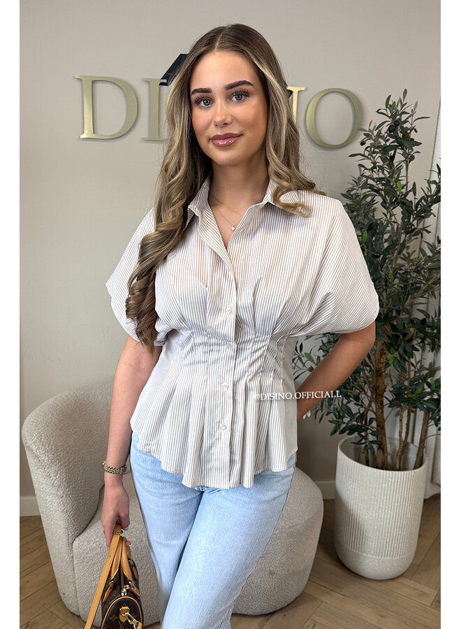 BEIGE - 'CLAIRE BLOUSE' - SHORTSLEEVE STRIPED SNATCH BLOUSE