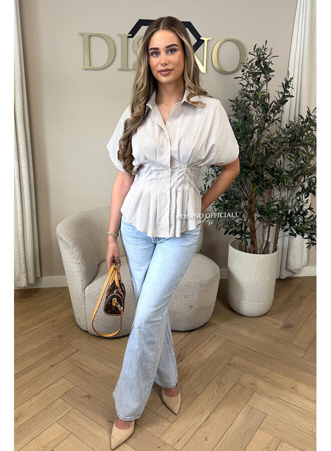 BEIGE - 'CLAIRE BLOUSE' - SHORTSLEEVE STRIPED SNATCH BLOUSE