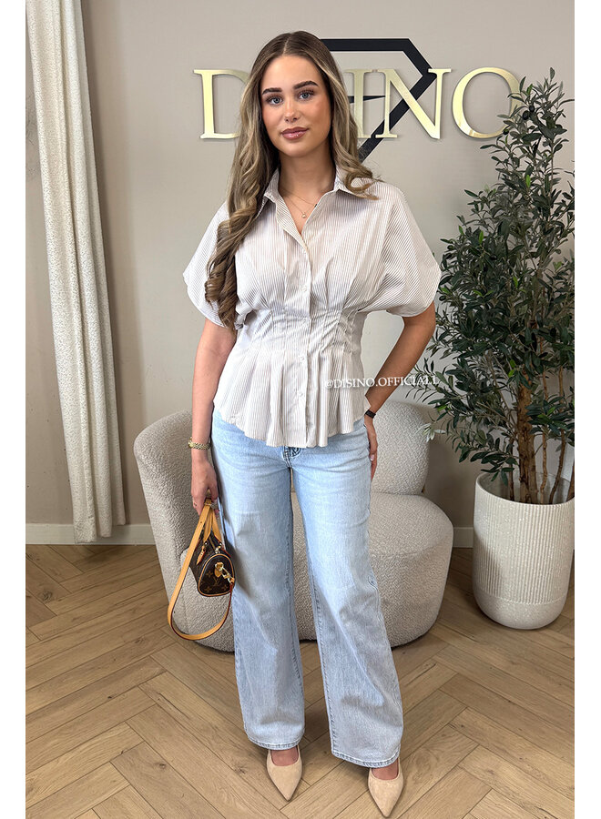 BEIGE - 'CLAIRE BLOUSE' - SHORTSLEEVE STRIPED SNATCH BLOUSE