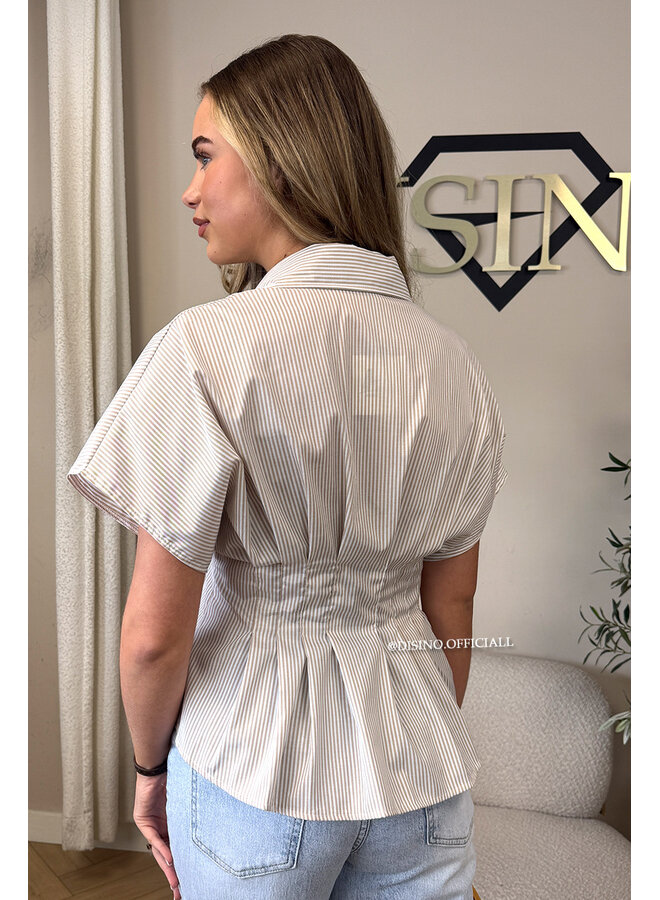 BEIGE - 'CLAIRE BLOUSE' - SHORTSLEEVE STRIPED SNATCH BLOUSE