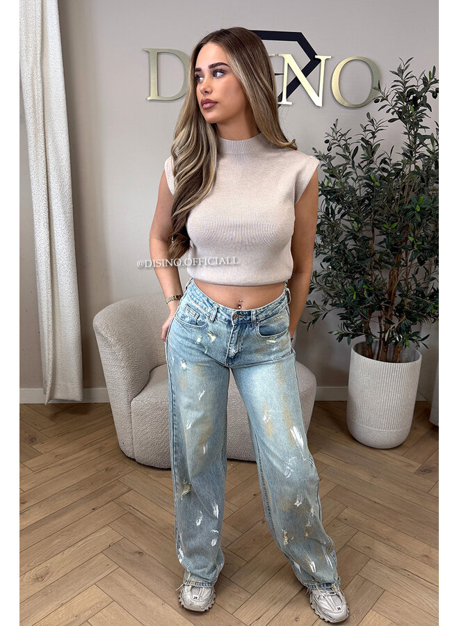 BEIGE - 'CLEO' - BOYFRIEND PUFF SHOULDER TOP