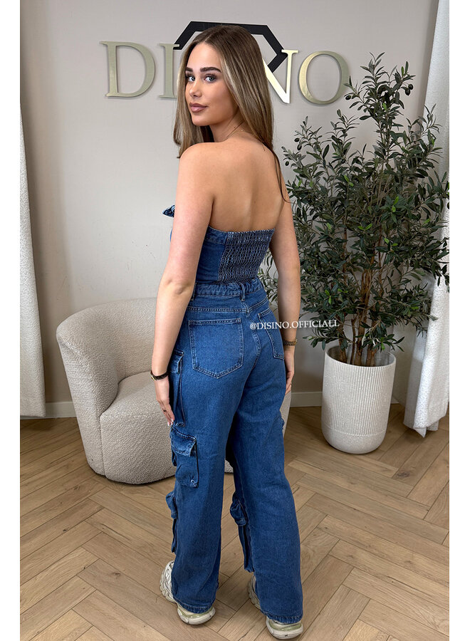 BLUE - 'YADE JUMPSUIT' - DENIM CARGO POCKET DENIM JUMPSUIT