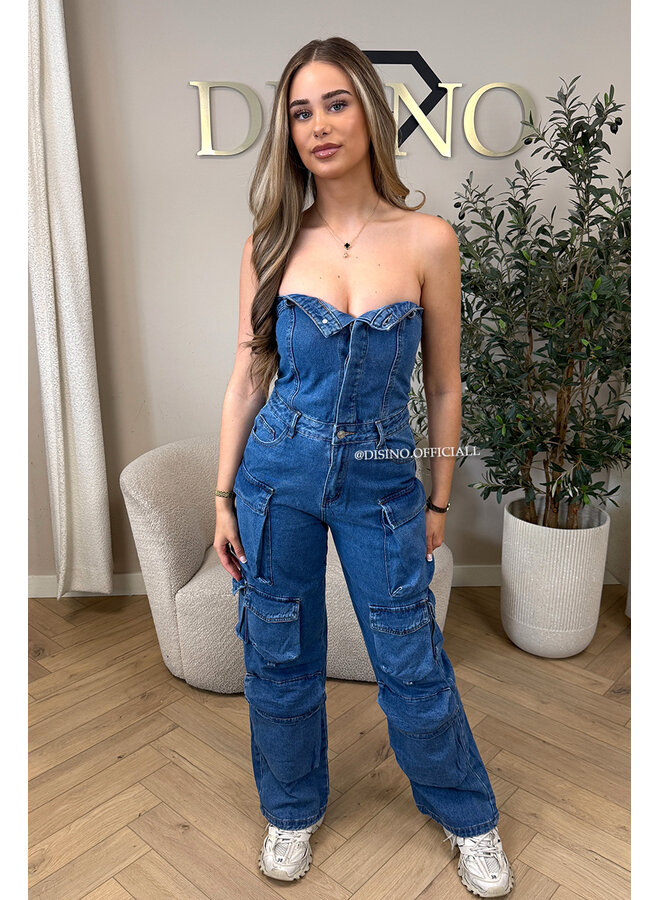 BLUE - 'YADE JUMPSUIT' - DENIM CARGO POCKET DENIM JUMPSUIT