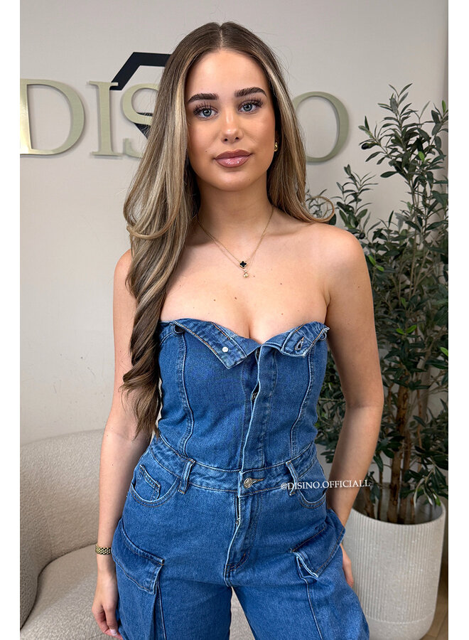BLUE - 'YADE JUMPSUIT' - DENIM CARGO POCKET DENIM JUMPSUIT