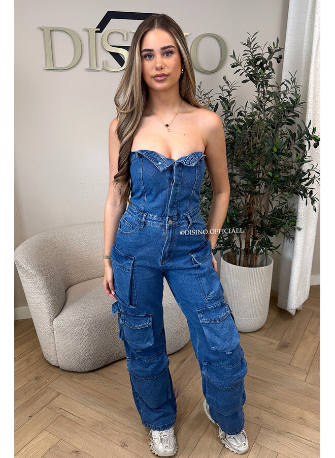 BLUE - 'YADE JUMPSUIT' - DENIM CARGO POCKET DENIM JUMPSUIT