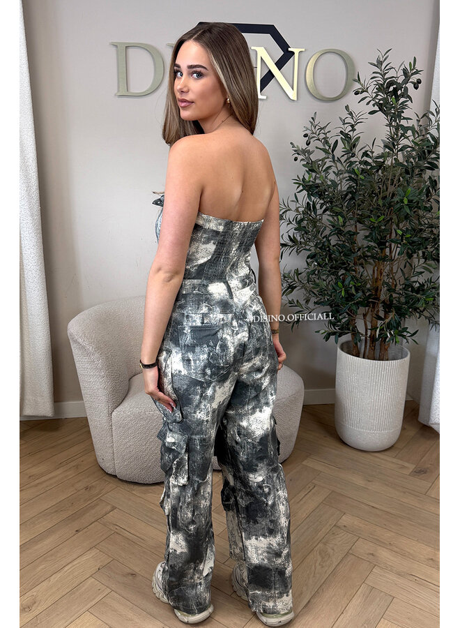 GREY - 'YADE JUMPSUIT' - DENIM CARGO POCKET DENIM JUMPSUIT