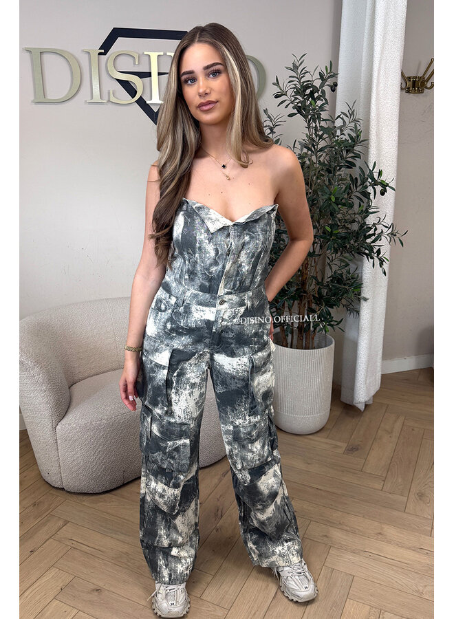 GREY - 'YADE JUMPSUIT' - DENIM CARGO POCKET DENIM JUMPSUIT