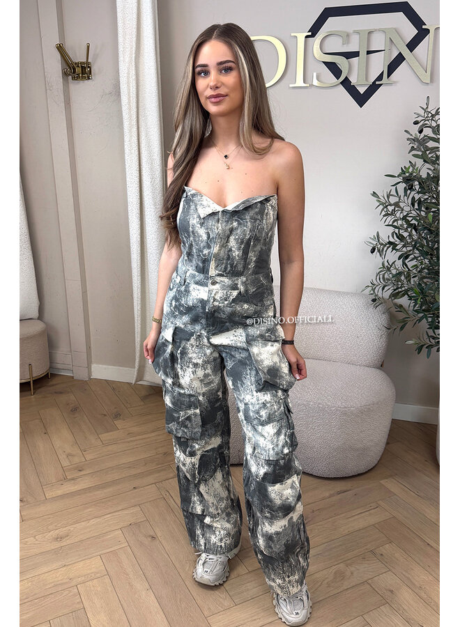 GREY - 'YADE JUMPSUIT' - DENIM CARGO POCKET DENIM JUMPSUIT
