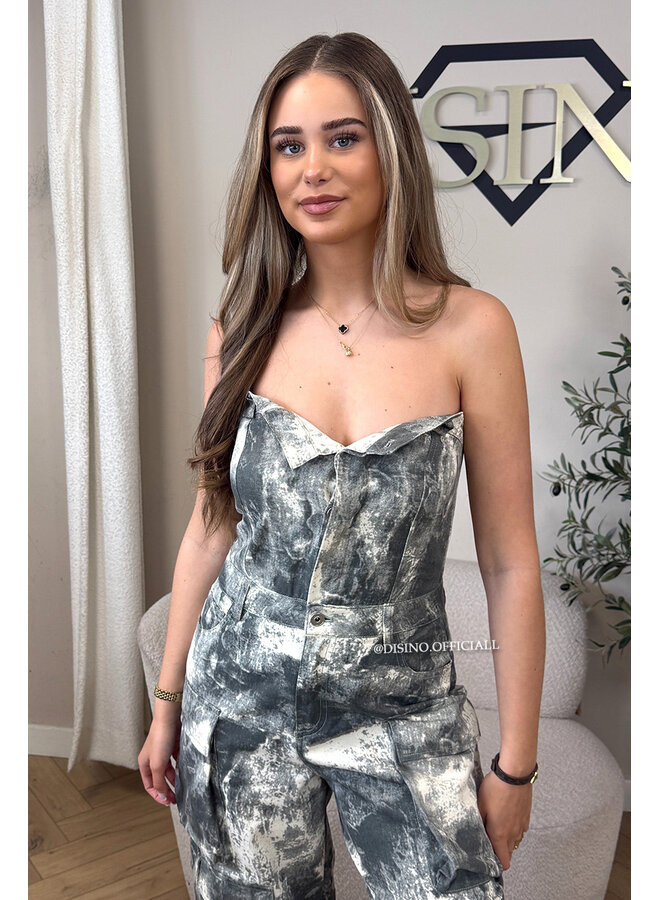 GREY - 'YADE JUMPSUIT' - DENIM CARGO POCKET DENIM JUMPSUIT
