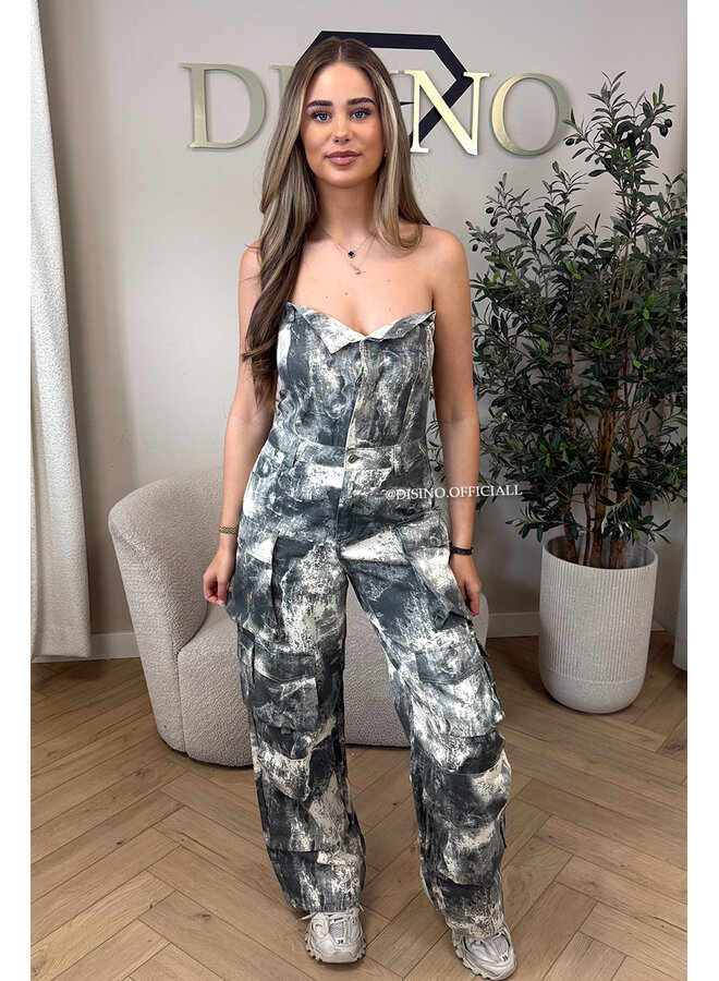 GREY - 'YADE JUMPSUIT' - DENIM CARGO POCKET DENIM JUMPSUIT