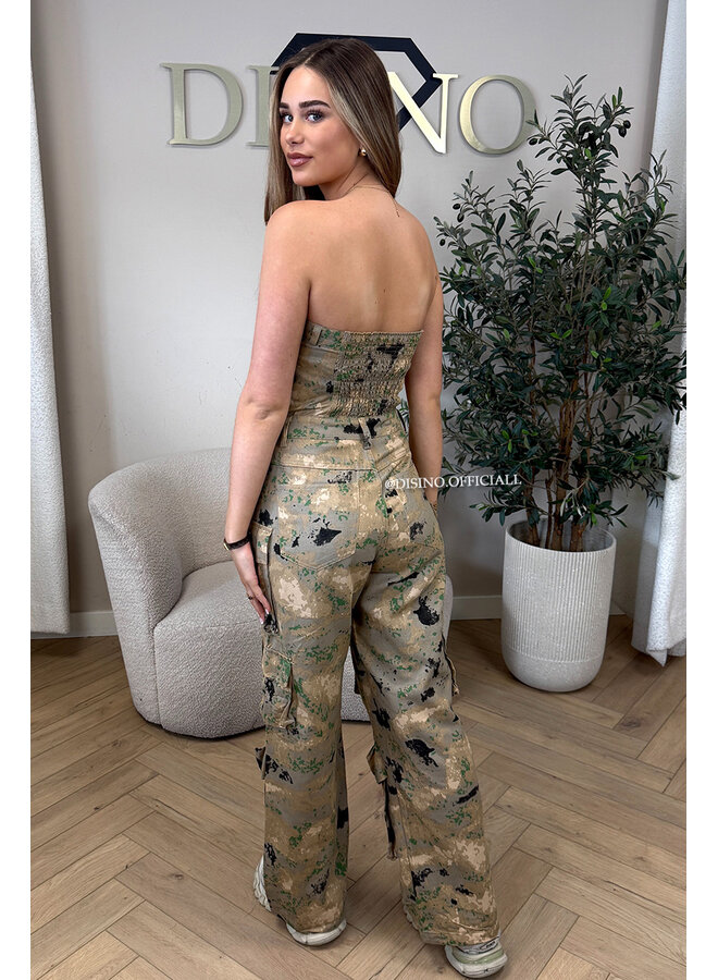 CAMEL - 'YADE JUMPSUIT' - DENIM CARGO POCKET DENIM JUMPSUIT