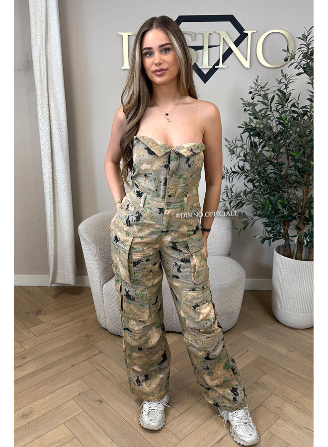 CAMEL - 'YADE JUMPSUIT' - DENIM CARGO POCKET DENIM JUMPSUIT