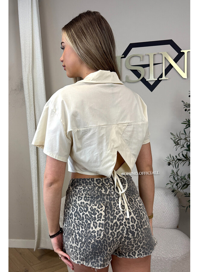 BEIGE - 'CARMEN BLOUSE' - OPEN BACK SHORT SLEEVE SHIRT
