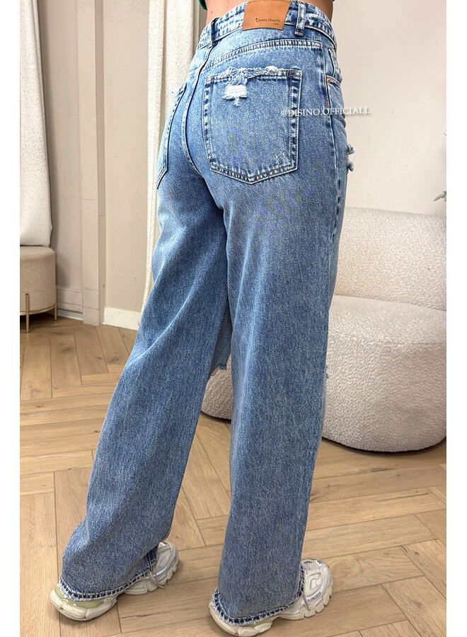 DARK BLUE - 'SANTIAGO JEANS' - RIPPED FOLDED WAISTBAND WIDE LEG JEANS