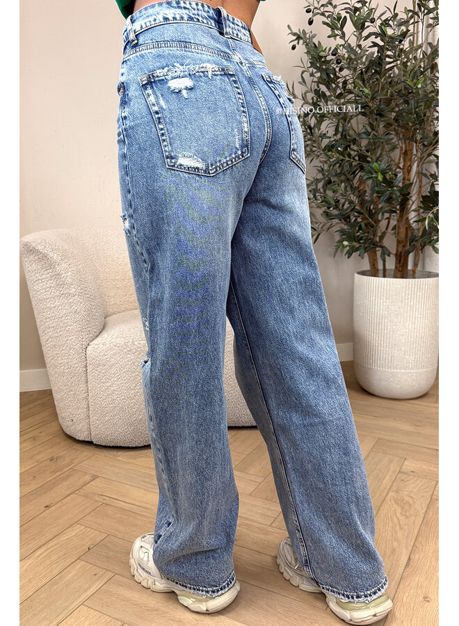 DARK BLUE - 'SANTIAGO JEANS' - RIPPED FOLDED WAISTBAND WIDE LEG JEANS