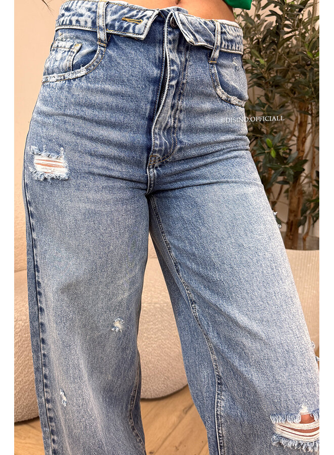 DARK BLUE - 'SANTIAGO JEANS' - RIPPED FOLDED WAISTBAND WIDE LEG JEANS