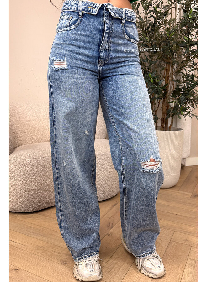 DARK BLUE - 'SANTIAGO JEANS' - RIPPED FOLDED WAISTBAND WIDE LEG JEANS