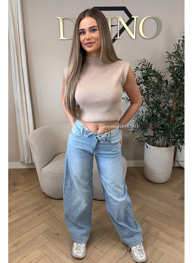 TAUPE - 'CLEO' - BOYFRIEND PUFF SHOULDER TOP