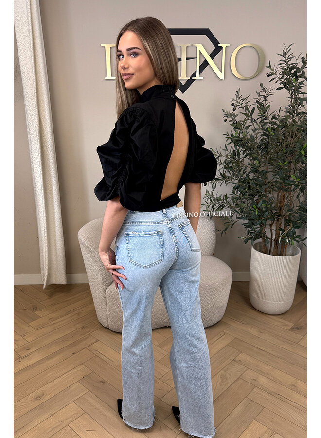 BLACK - 'MAARA BLOUSE' - OPEN BACK PUFF SHOULDER BLOUSE