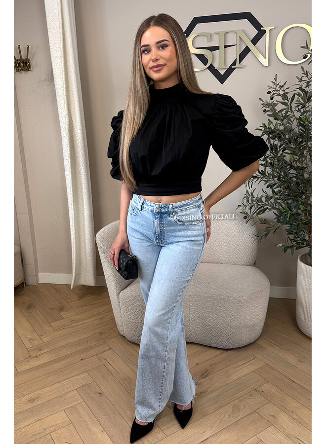 BLACK - 'MAARA BLOUSE' - OPEN BACK PUFF SHOULDER BLOUSE