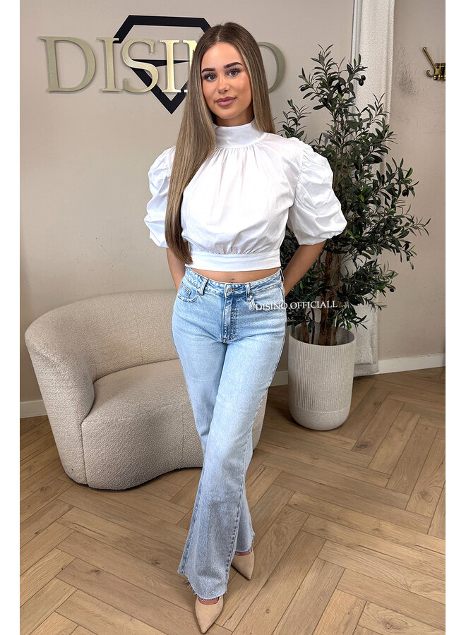 WHITE - 'MAARA BLOUSE' - OPEN BACK PUFF SHOULDER BLOUSE
