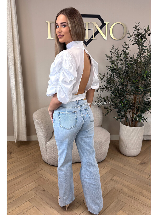 WHITE - 'MAARA BLOUSE' - OPEN BACK PUFF SHOULDER BLOUSE