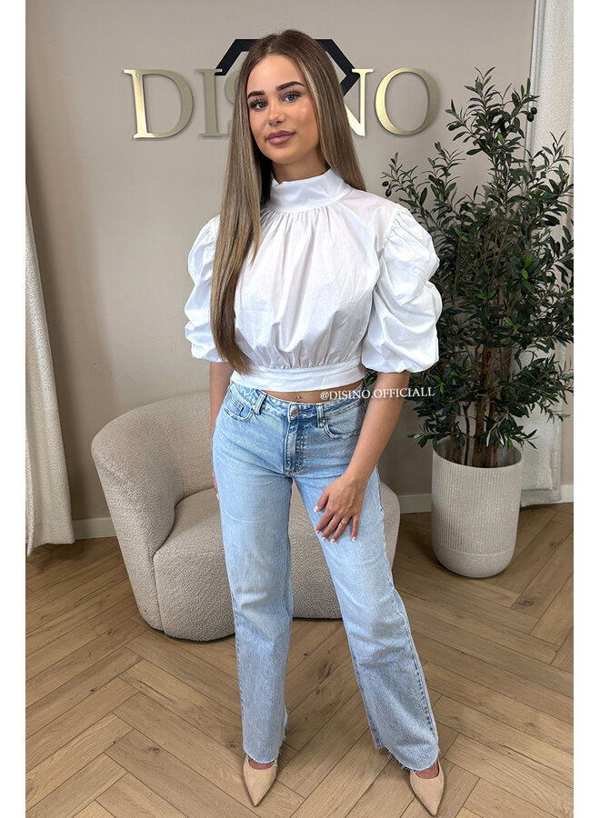 WHITE - 'MAARA BLOUSE' - OPEN BACK PUFF SHOULDER BLOUSE