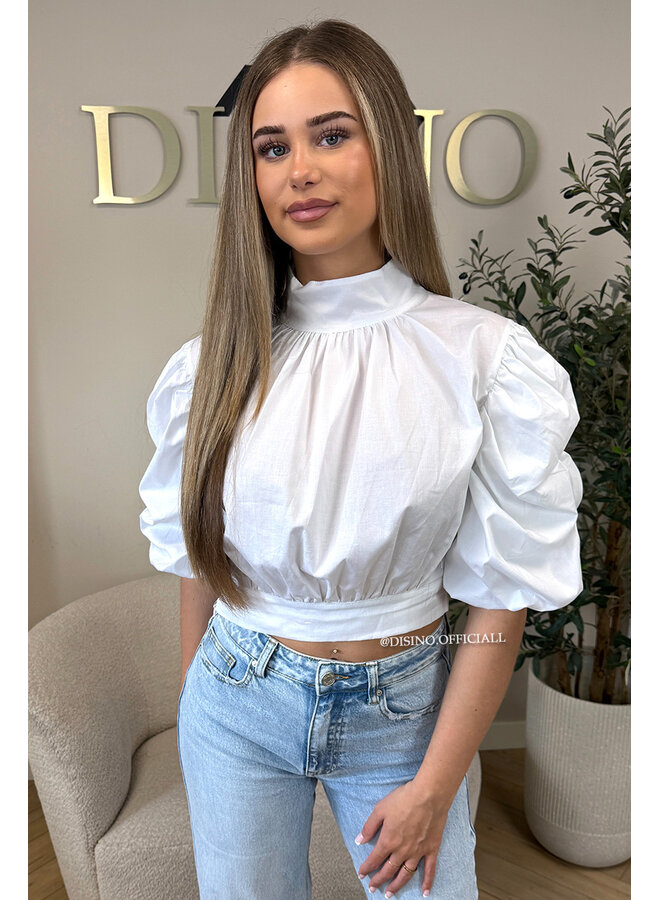 WHITE - 'MAARA BLOUSE' - OPEN BACK PUFF SHOULDER BLOUSE