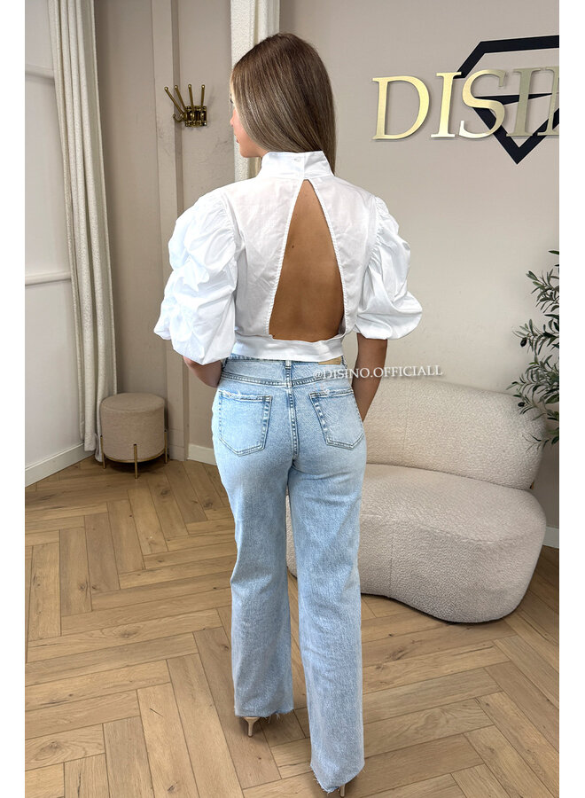 WHITE - 'MAARA BLOUSE' - OPEN BACK PUFF SHOULDER BLOUSE