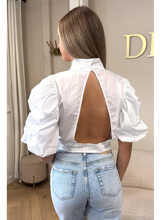 WHITE - 'MAARA BLOUSE' - OPEN BACK PUFF SHOULDER BLOUSE