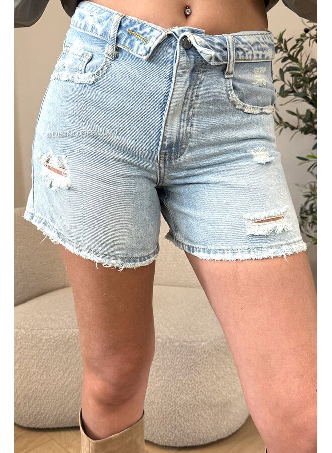 LIGHT BLUE - 'SANTIAGO SHORTS' - RIPPED FOLDED WAISTBAND DENIM SHORT