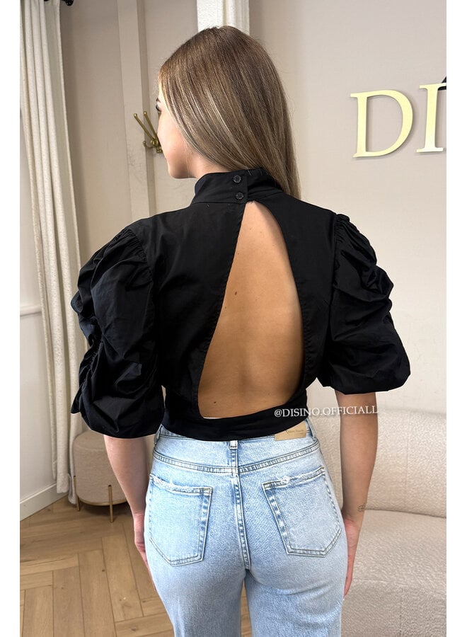 BLACK - 'MAARA BLOUSE' - OPEN BACK PUFF SHOULDER BLOUSE