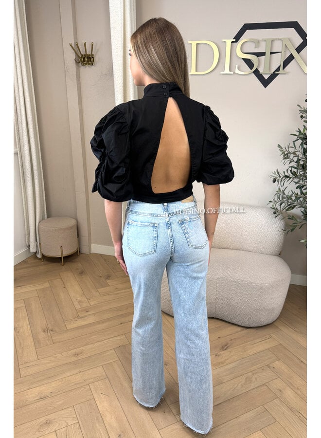 BLACK - 'MAARA BLOUSE' - OPEN BACK PUFF SHOULDER BLOUSE