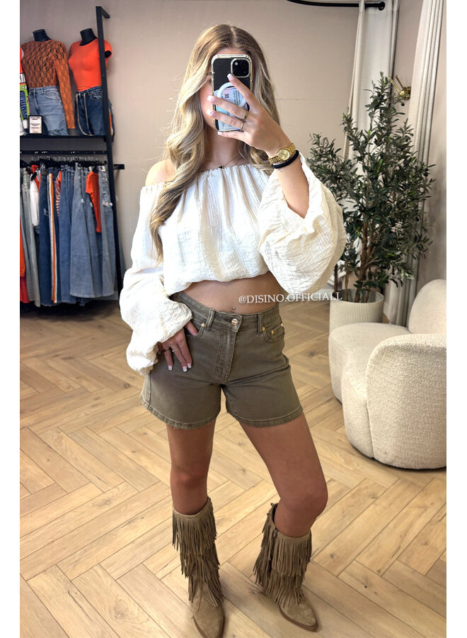 BROWN - 'AIMEE SHORTS' - PERFECT STRETCH DENIM SHORTS