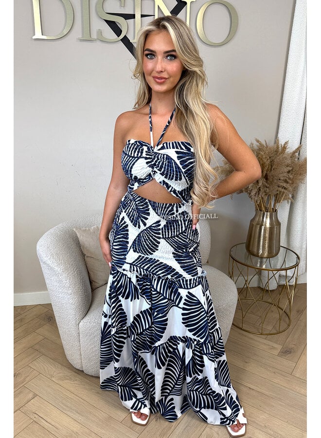 NAVY BLUE - 'TROPICAL FAYÉ MAXI DRESS' - TROPICAL LEAVES MAXI DRESS