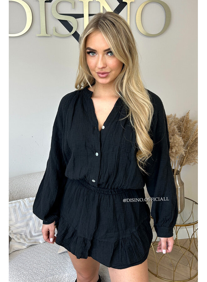 BLACK - 'ARYA LONGSLEEVE PLAYSHORT' - MOESSELINE WAFFLE COTTON RUFFLE PLAYSHORT