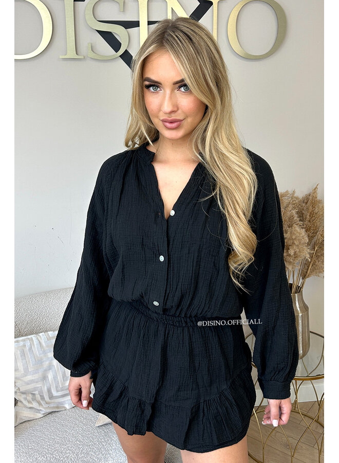BLACK - 'ARYA LONGSLEEVE PLAYSHORT' - MOESSELINE WAFFLE COTTON RUFFLE PLAYSHORT