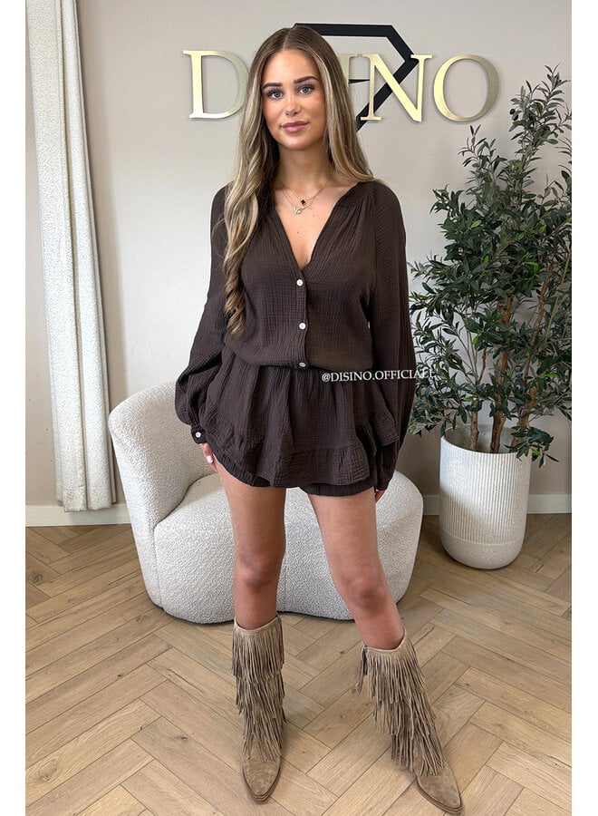 CHOCO - 'ARYA LONGSLEEVE PLAYSHORT' - MOESSELINE WAFFLE COTTON RUFFLE PLAYSHORT