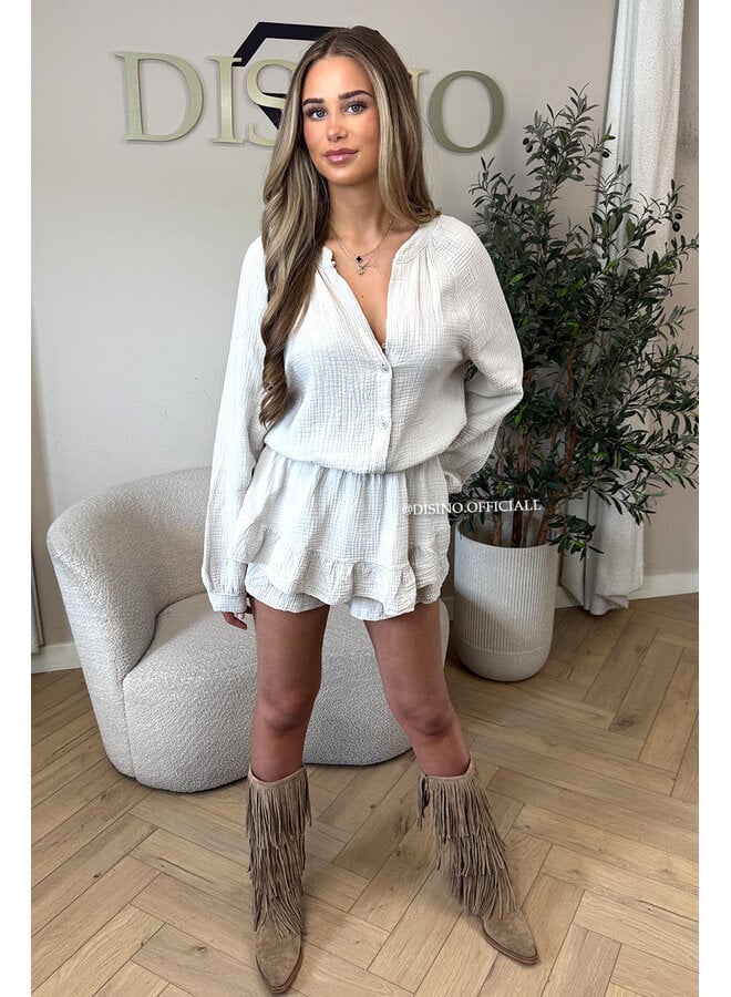 BEIGE - 'ARYA LONGSLEEVE PLAYSHORT' - MOESSELINE WAFFLE COTTON RUFFLE PLAYSHORT