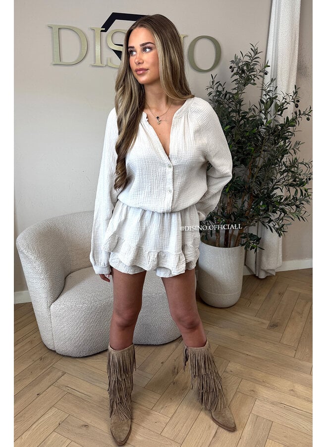 BEIGE - 'ARYA LONGSLEEVE PLAYSHORT' - MOESSELINE WAFFLE COTTON RUFFLE PLAYSHORT