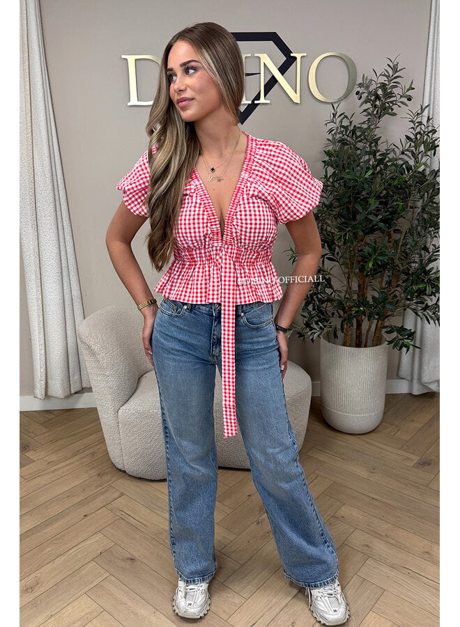 RED/WHITE - 'MANDY TOP' - PUFF SHOULDER TOP