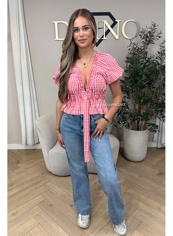 RED/WHITE - 'MANDY TOP' - PUFF SHOULDER TOP