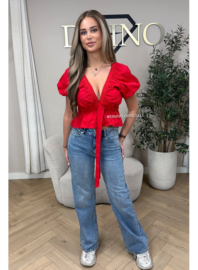 RED - 'MANDY TOP' - PUFF SHOULDER TOP
