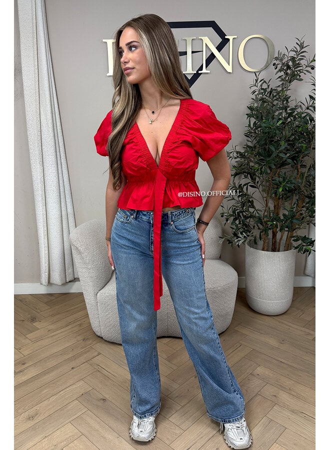 RED - 'MANDY TOP' - PUFF SHOULDER TOP