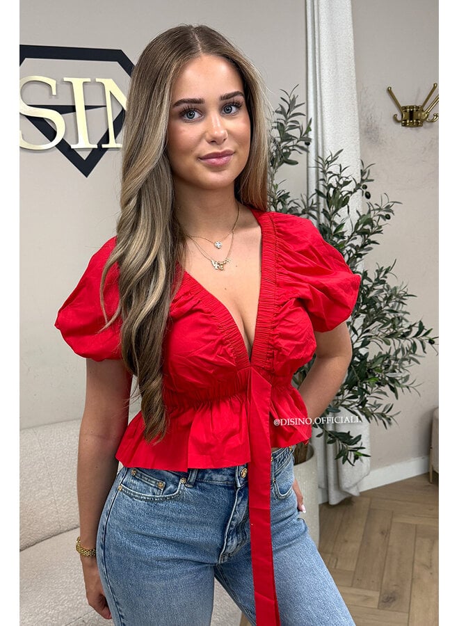 RED - 'MANDY TOP' - PUFF SHOULDER TOP