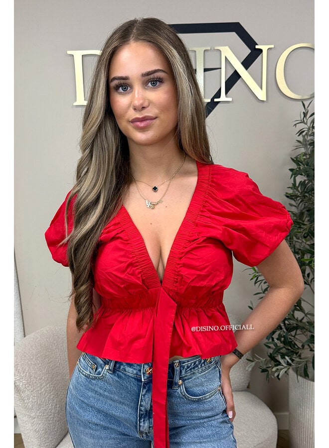 RED - 'MANDY TOP' - PUFF SHOULDER TOP