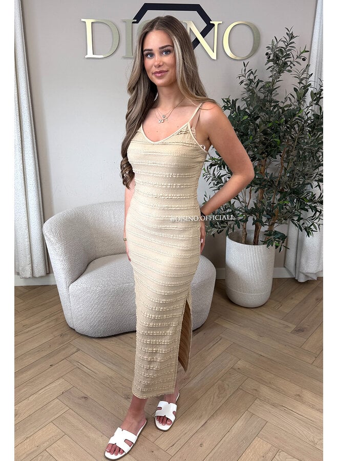 BEIGE - 'AVA V2 DRESS' - CLASSY CROCHET SPLIT SUMMER DRESS