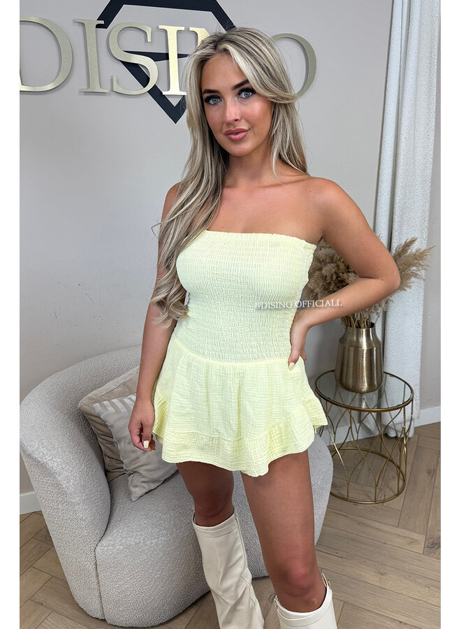 YELLOW - 'JESSY PLAYSUIT' - STRAPLESS MOUSSELINE WAFFLE COTTON PLAYSUIT